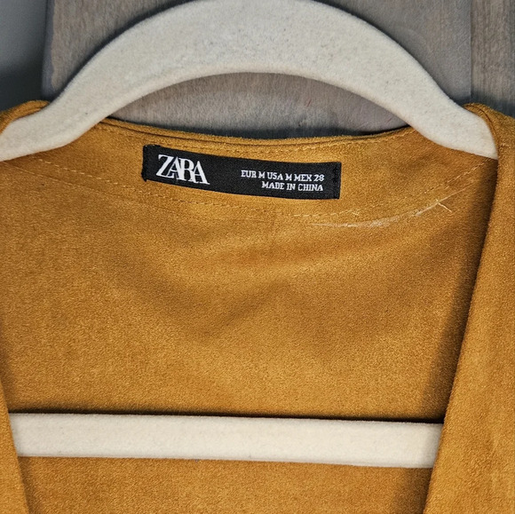 ZARA Faux suede belted utility mini dress romper. Mustard tan color. Size Medium - Picture 8 of 16